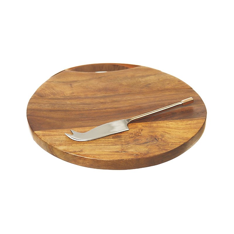 ブリティッシュセルブレーハウスアカシアアカシアの木の銅製ハンドルミックスとマッチする円形まな板と真鍮チーズナイフセット - まな板・トレイ - 木製 ブラウン