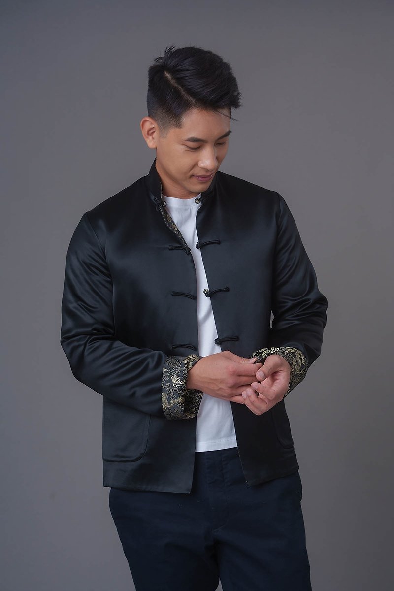 Reversible Tang Jacket (Black/ Gold Brocade) - เสื้อโค้ทผู้ชาย - เส้นใยสังเคราะห์ สีดำ