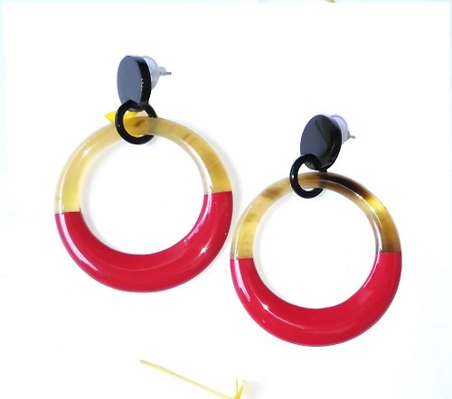 AnhCraft Exquisite Earrings Handmade from Buffalo Horn with Red Lacquer Color
