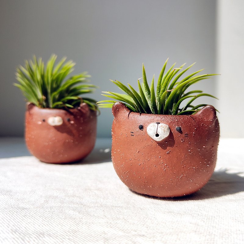 2.25 inch, brown kitty planter. Handmade pot with drainage hole. - 花瓶・植木鉢 - 陶器 
