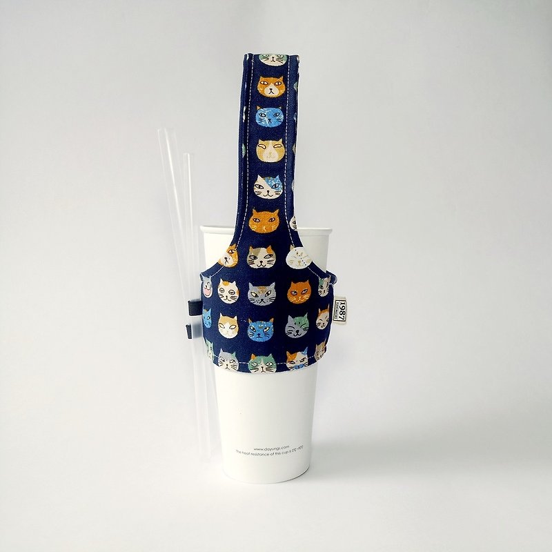 【Flower Cat-Blue】Beverage Cup Set Green Cup Set - Beverage Holders & Bags - Cotton & Hemp Blue