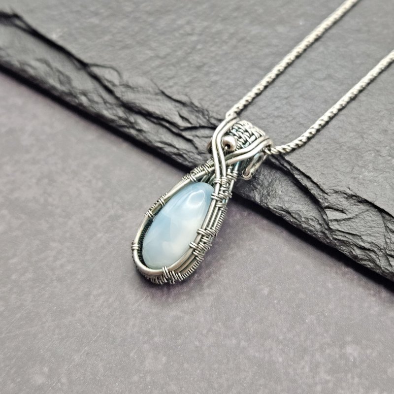 Larimar Wire Wrapped Pendant , Silver , Oxidized - สร้อยคอ - เงินแท้ สีน้ำเงิน