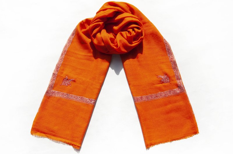 喀什米爾Cashmere 刺繡羊絨圍巾 純羊毛圍巾披巾 戒指絨披肩-花朵 - 圍巾/披肩 - 羊毛 橘色