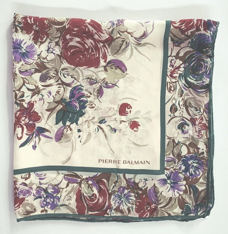 PIERRE BALMAIN Vintage Silk Scarf, 29 x 29 inches, Floral Scarf, 100% Silk - 絲巾 - 絲．絹 綠色