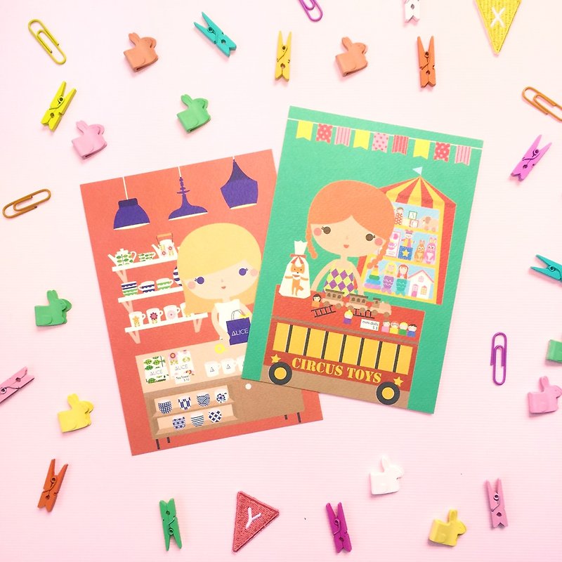 [Girls and Their Shops] elizabeth's toy store + alice's dinnerware store - Postcard Set - Cards & Postcards - Paper Multicolor