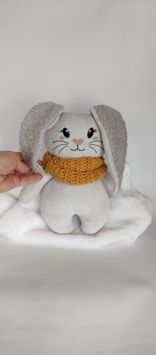 Knitting magic bunny, hare, rabbit gray cotton, boucle. textile toy tilda