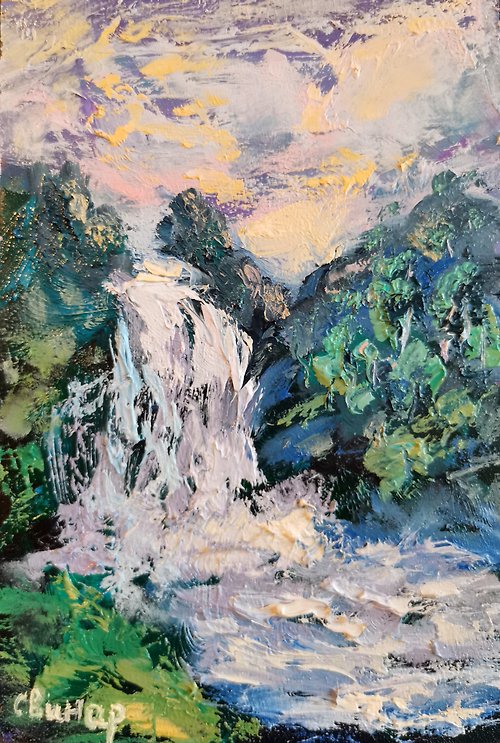 Original oil painting artist Svinar Oksana Waterfall Landscape Sunset Impasto Framed Art Original Oil Painting ArtistSvinar
