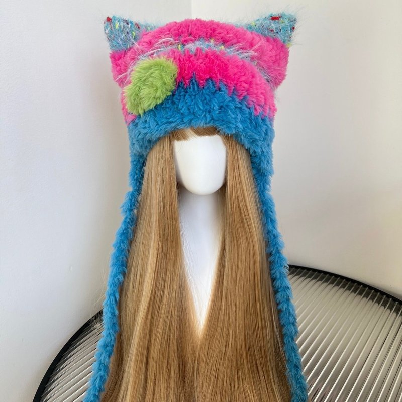 Pink Blue Kawaii Crochet Cat Ear Hat | Pastel Beanie | Handmade Cute Winter Hat - หมวก - วัสดุอื่นๆ 