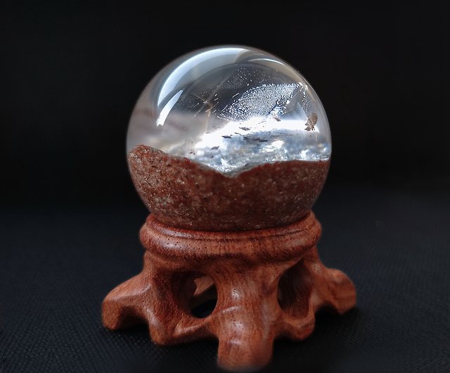 冰透水晶球共生黃銅礦原石標本擺件上帝的指紋占蔔帶木質底座- 設計館