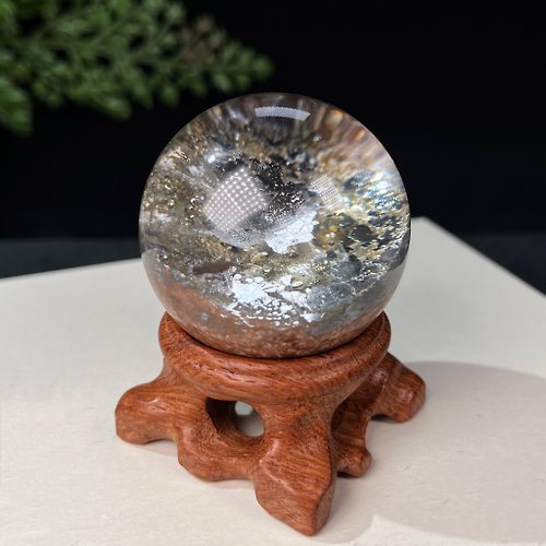 冰透水晶球共生黃銅礦原石標本擺件 上帝的指紋 占蔔 帶木質底座