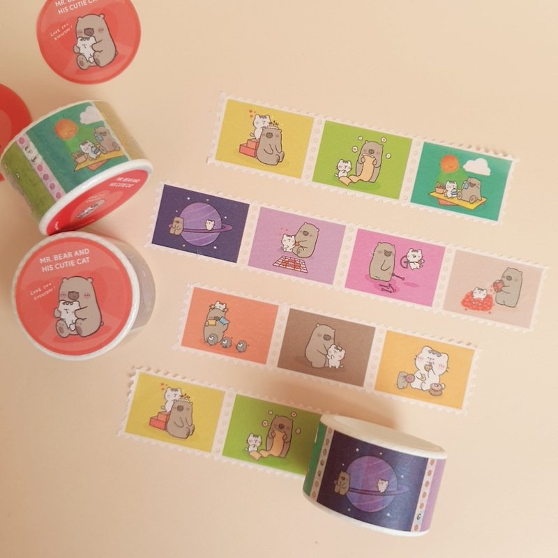 Mr. Bear and his cutie cat : Stamp Masking tape - Love You Everyday - มาสกิ้งเทป - กระดาษ 