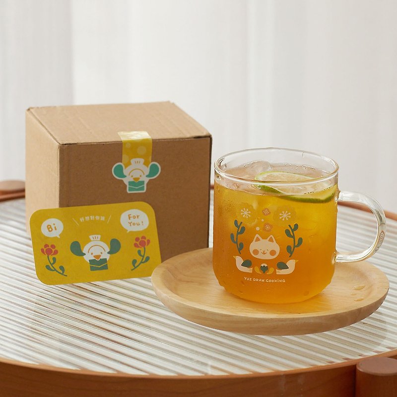 予約購入-ヤーミネコとデイジー弧形ガラスカップ-Yuz Draw Cooking - グラス・コップ - ガラス オレンジ