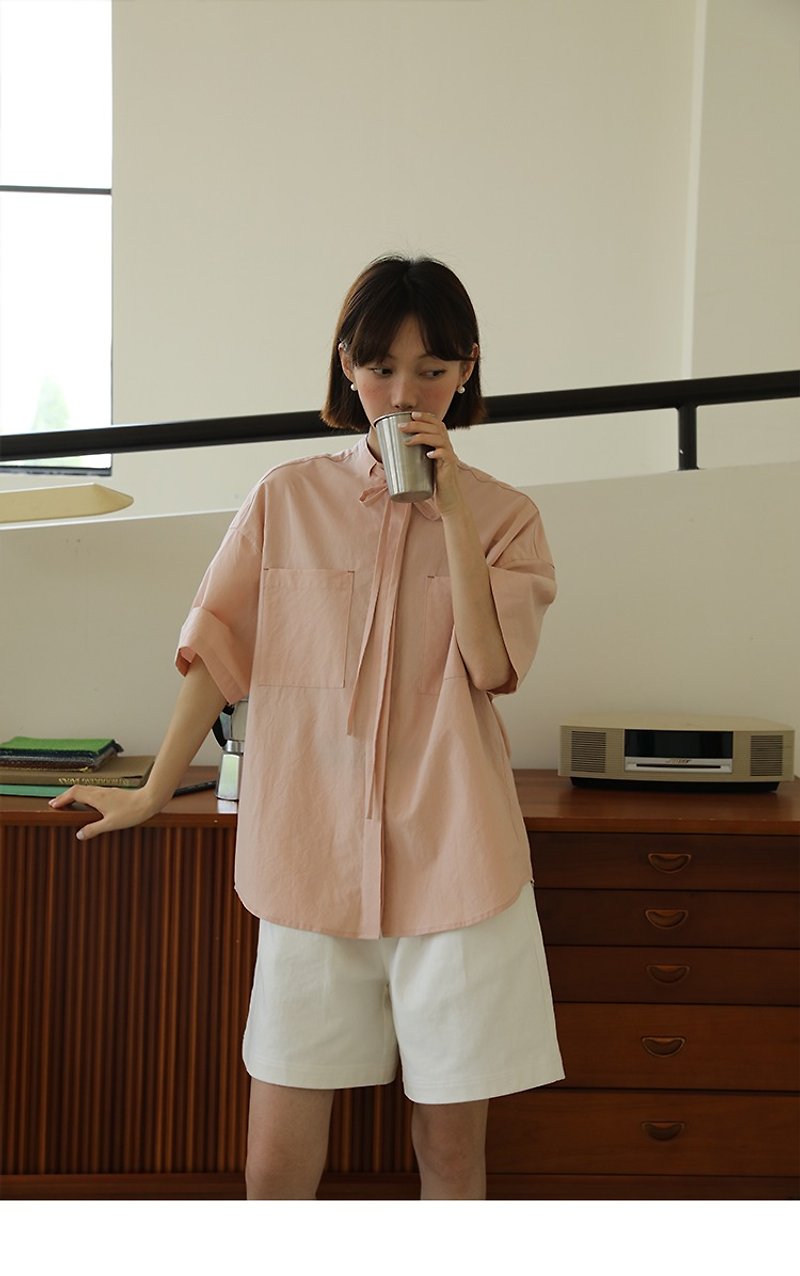 oddmaker領口抽繩系帶襯衫夏季大口袋設計小個子顯瘦襯衣休閒上衣 - 女襯衫 - 棉．麻 