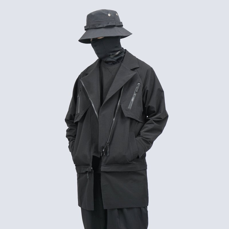 Removable Windbreaker Jacket Men's Suit Coat Workwear Functional Casual Mid-length Loose Coat - เสื้อโค้ทผู้ชาย - เส้นใยสังเคราะห์ สีดำ