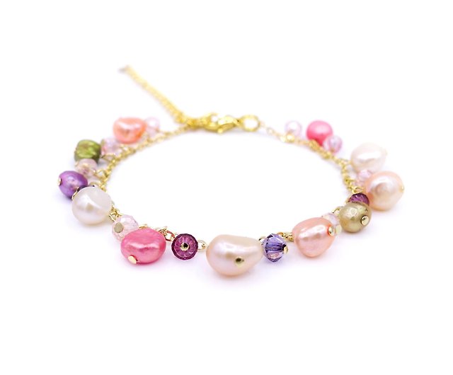 Silver- Pink Clay Bead Pearl Bracelet