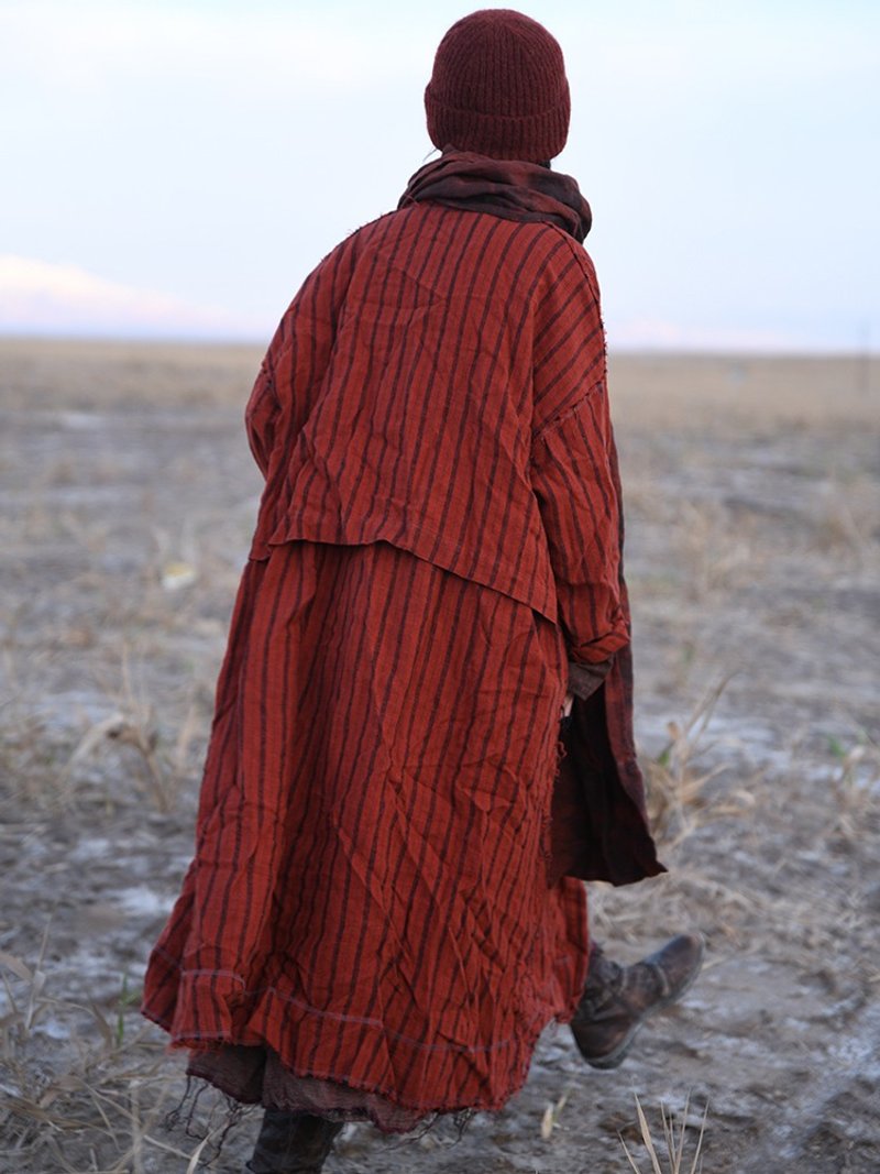 Red Striped Linen Long Dress Shirt Dress Gown - ชุดเดรส - ผ้าฝ้าย/ผ้าลินิน สีแดง