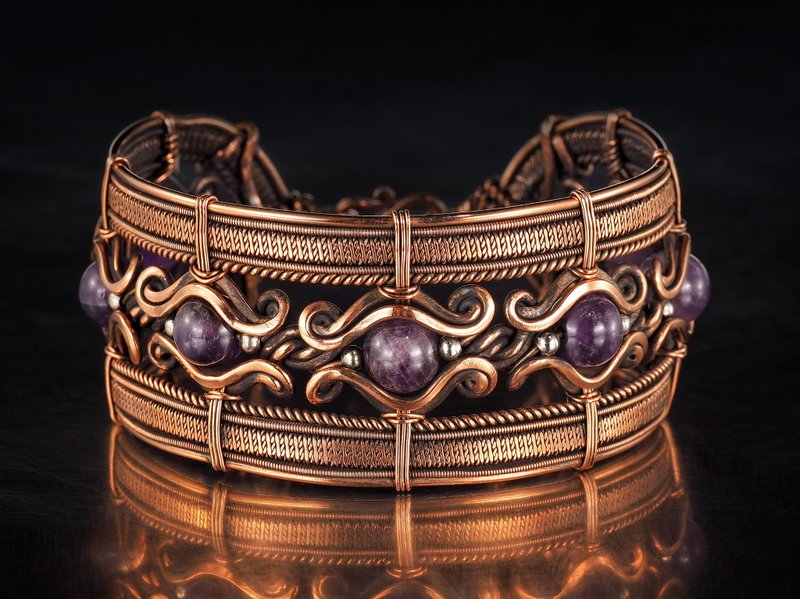 Copper wire wrapped bracelet with amethyst for lady Antique style WireWrapArt - Bracelets - Gemstone Purple