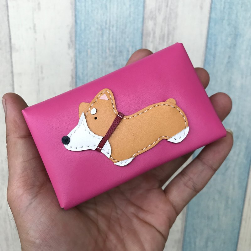 Handmade Leather Taiwan MIT Corgi Pink Card Holder - ID & Badge Holders - Genuine Leather Pink
