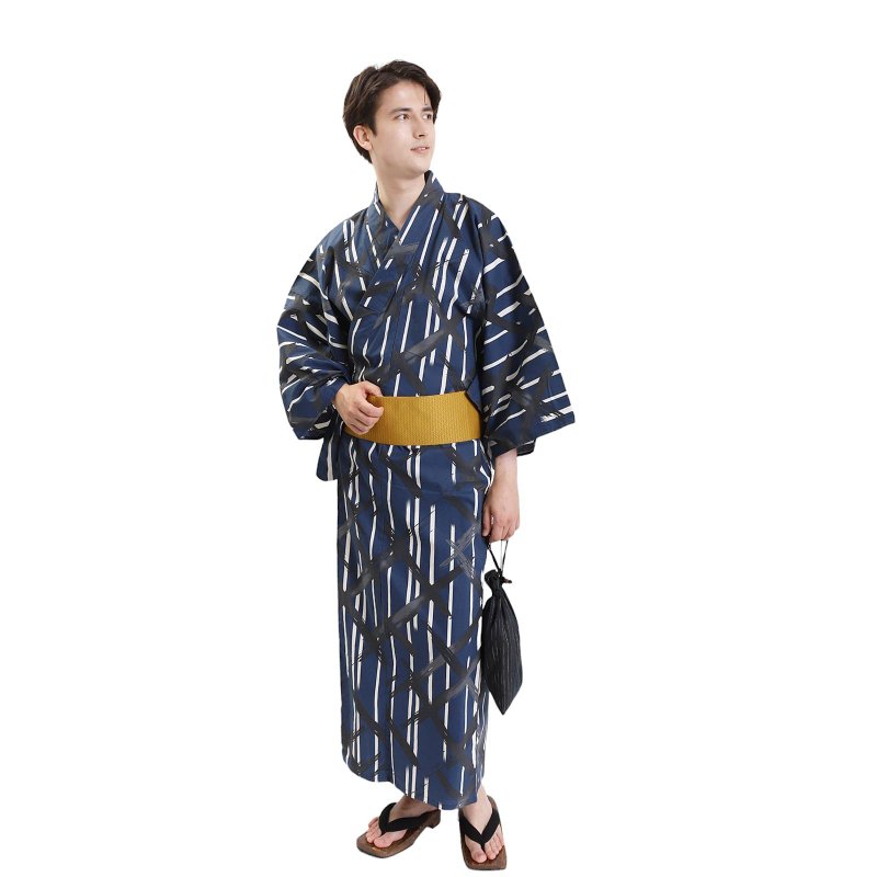 Men's Cotton Yukata and Obi 2-piece Set, Size L, Z35-f1 yukata - อื่นๆ - ผ้าฝ้าย/ผ้าลินิน สีน้ำเงิน