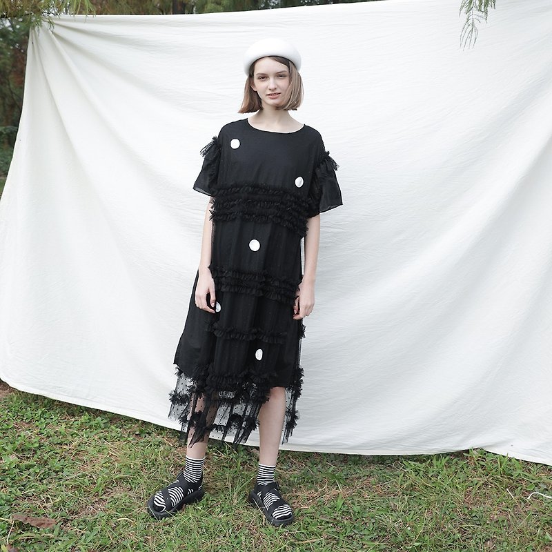 Little black dots black mesh dress-imakokoni - ชุดเดรส - ผ้าฝ้าย/ผ้าลินิน สีดำ