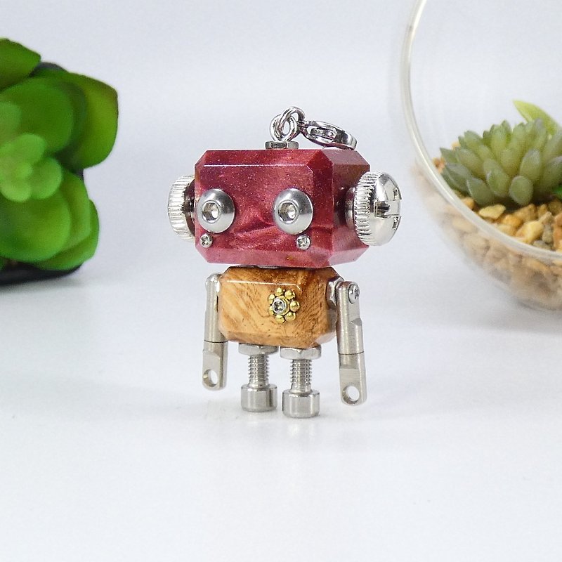wood and metal robot charm stabilized wood, - Keychains - Wood Red