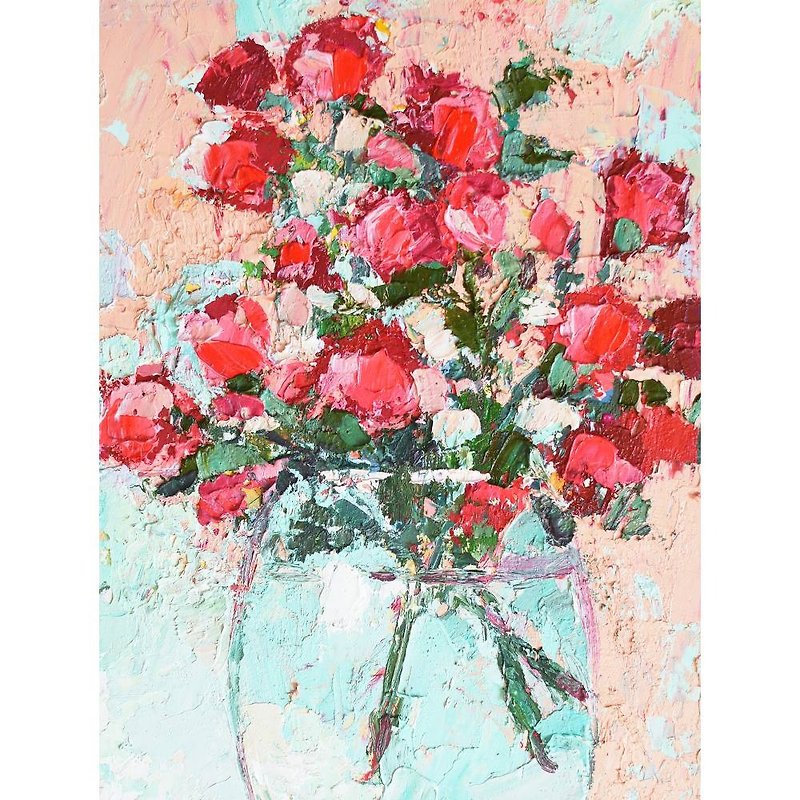 ภาพวาดสีน้ำมันต้นฉบับ Impasto ภาพวาดสมัยใหม่ ดอกไม้สีแดงร่วมสมัย 20x15ซม - วาดภาพ/ศิลปะการเขียน - วัสดุอื่นๆ สีแดง