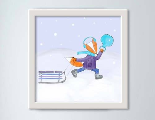 Alenaresuet Funny fox Snowy day Cute poster Kids room decor Digital file