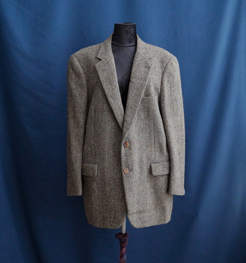重磅品牌人字紋羊毛西裝外套大衣中古古著外套 vintage - 男西裝外套 - 棉．麻 卡其色