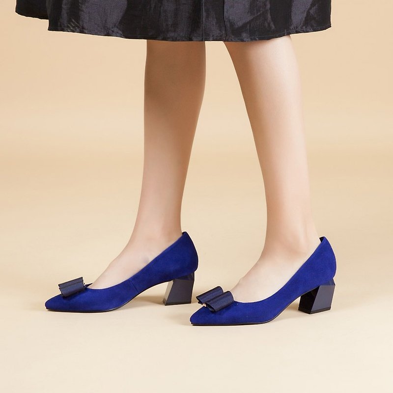 [Fashion runway] Big bow full leather geometric shape heels_Lady Baolan (25.5) - High Heels - Genuine Leather Blue
