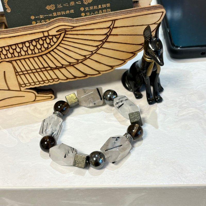 黑髮晶 茶晶 黃鐵礦 赤鐵礦(黑胆石) 能量手鏈 粗獷 男朋友禮物 - 手鍊/手環 - 水晶 黑色