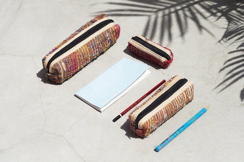 Tanabata gift limited set of hand-woven pencil case / storage bag / pencil case / sundries bag / tableware bag / tableware bag-orange star woven hand twisted saree line pencil case set - Pencil Cases - Cotton & Hemp Multicolor