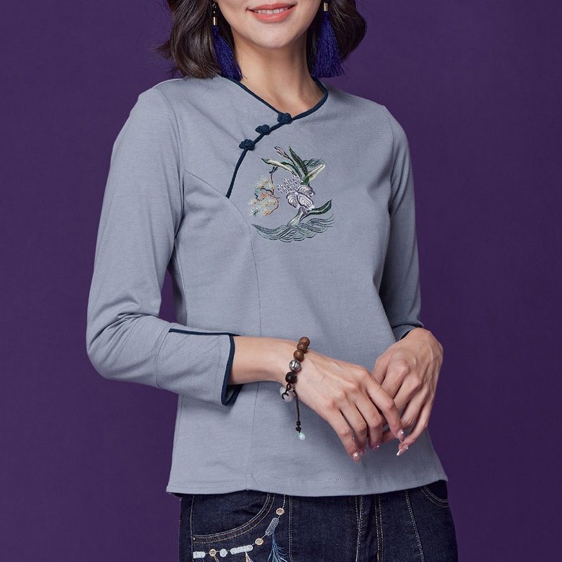 古典美 刺繡斜襟顯瘦T桖【58003】 - 女 T 恤 - 棉．麻 藍色