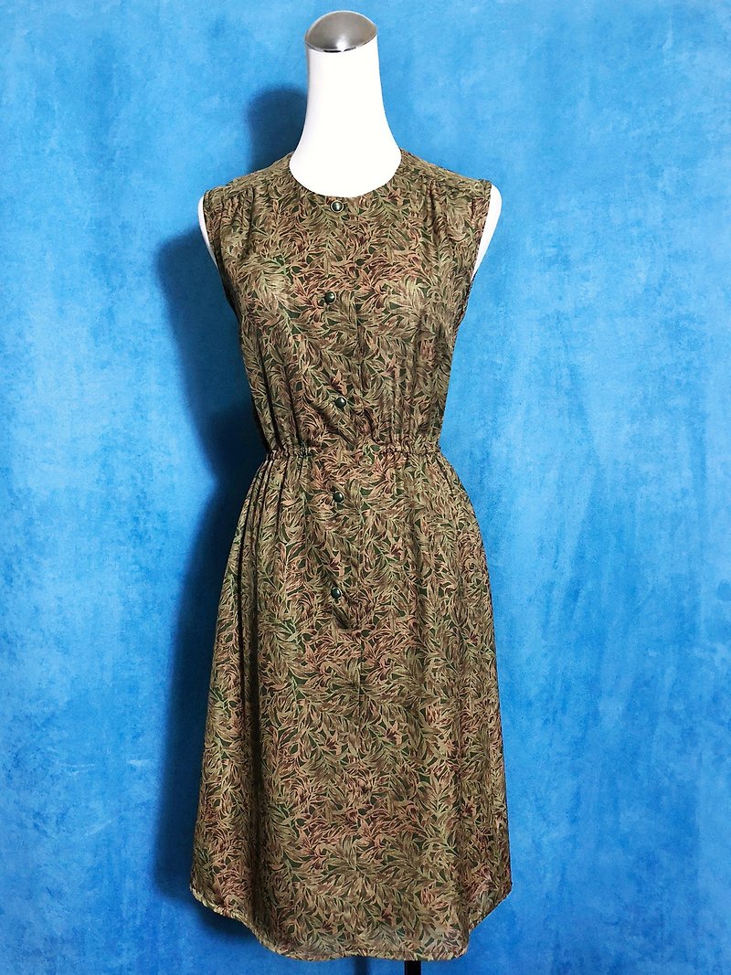 Leaf Sleeveless Vintage Dress / Bring back VINTAGE abroad - One Piece Dresses - Polyester Green