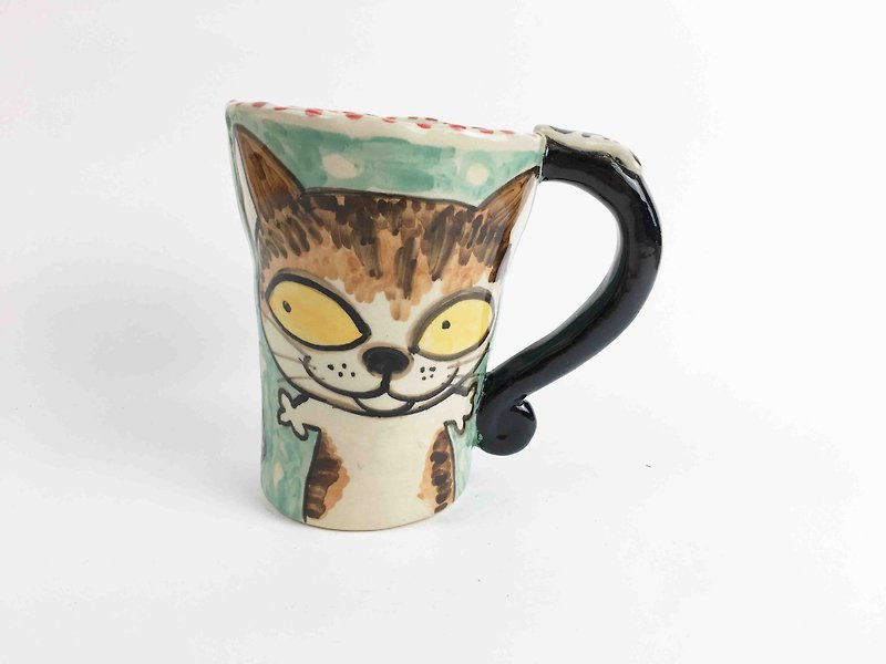 Nice Little Clay hand bell cup _ black and white cat three hair cat 0101-17 - แก้วมัค/แก้วกาแฟ - ดินเผา สีน้ำเงิน