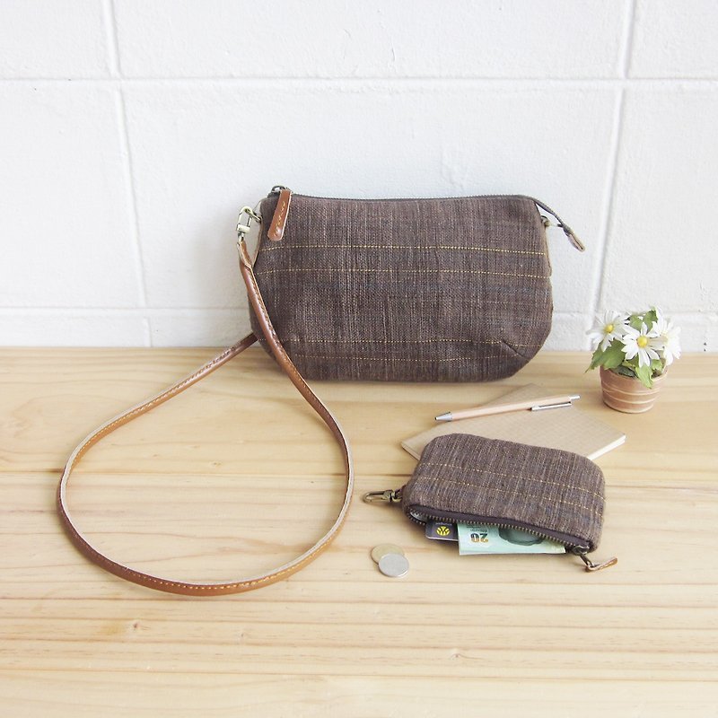 Goody Bag / A set of Cross-body Mini Curve Bag with Coin Bag in Brown-Blue Color Cotton - 側背包/斜背包 - 棉．麻 咖啡色