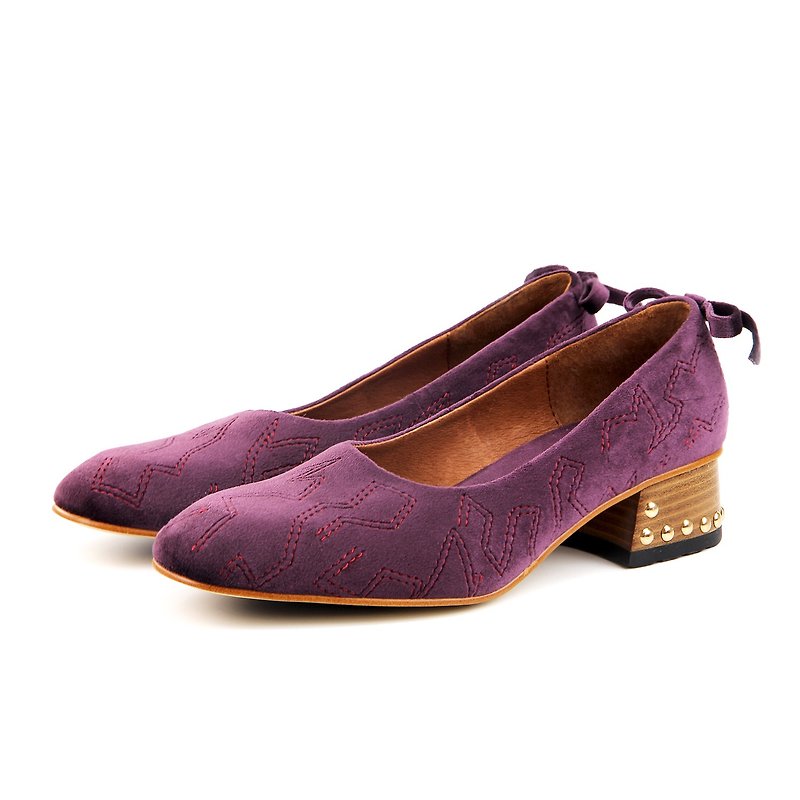 Sweet Villians W1061 手工真皮粗跟鞋 紫色 - 高踭鞋 - 棉．麻 紫色