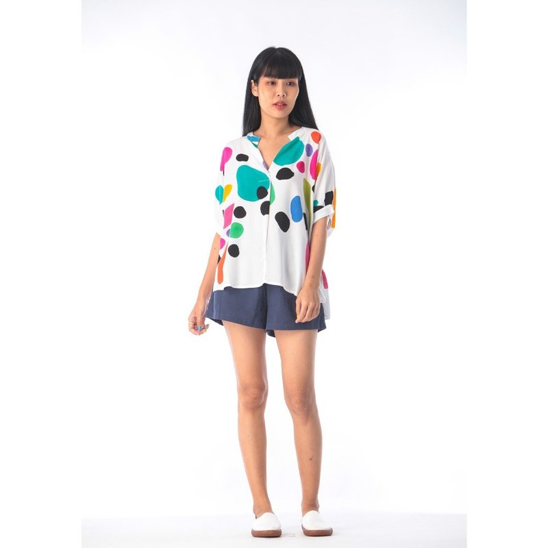 Abstract Blouse Cotton Rayon Hand Paint Free Size - 女上衣/長袖上衣 - 棉．麻 白色