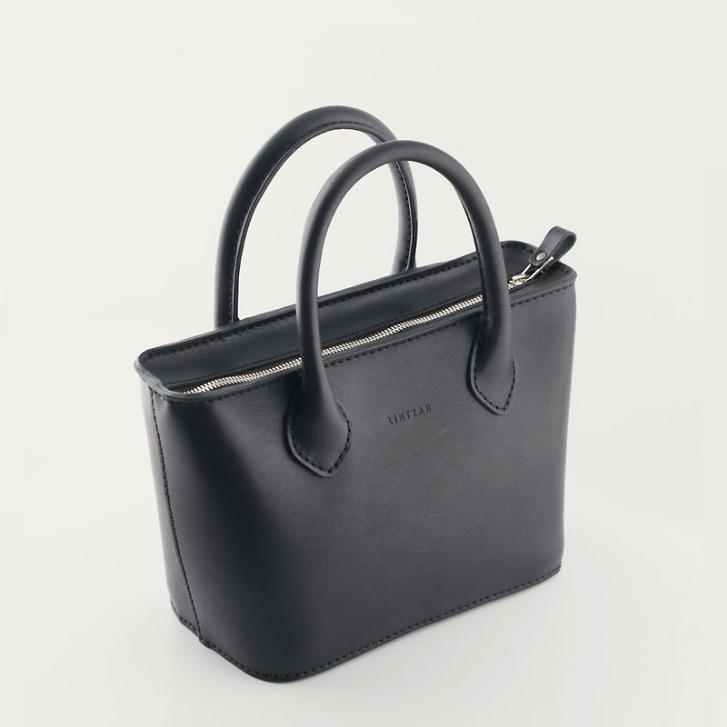 LINTZAN "hand-stitched leather" perspective handbag / tote tote - black stone - กระเป๋าถือ - หนังแท้ สีดำ