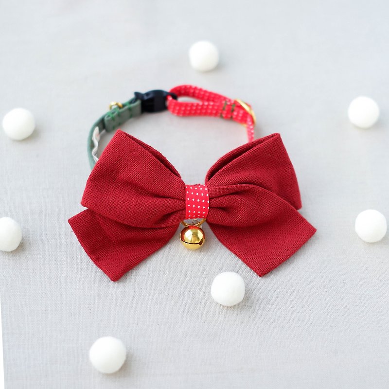 Christmas sailor bowtie set for cat and small dog,Hand -embroidered,Red - 項圈/牽繩 - 棉．麻 紅色