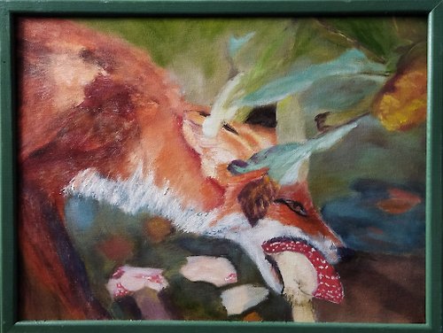 paintingsKateArt Oil painting on canvas Fox and mushroom in frame 30x40 cm