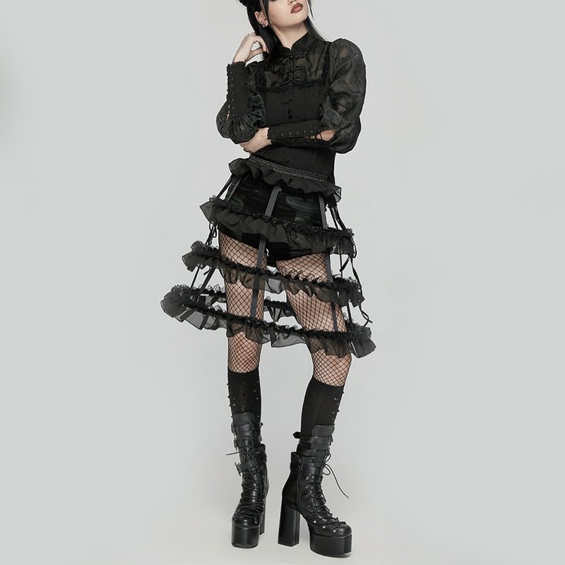 Gothic Lolita Fool Ribbon Hollow Bustle - Skirts - Other Materials Black