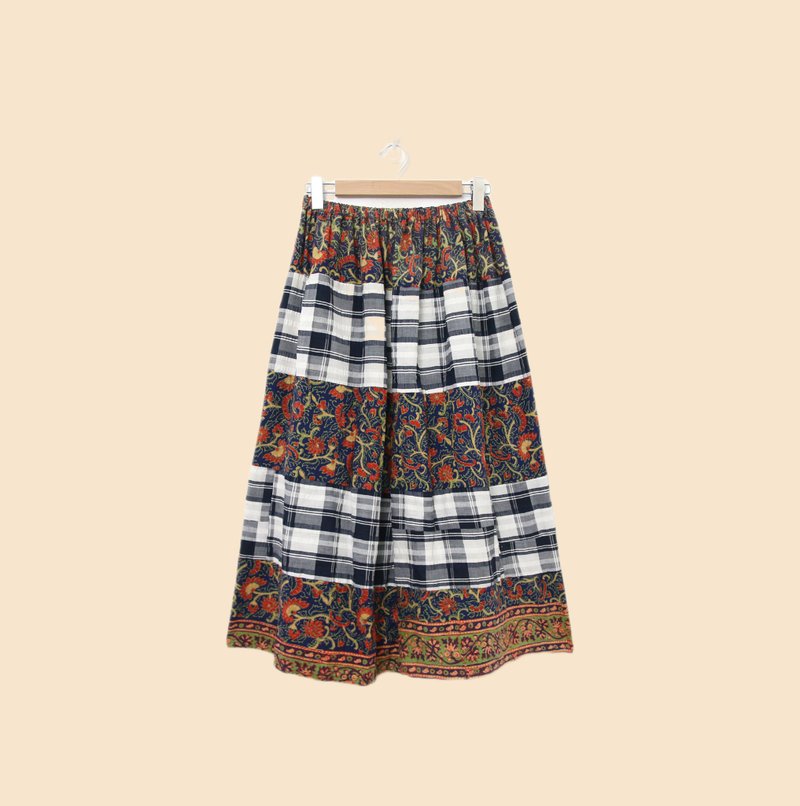 Back to Green-復古拼接長裙 鮮花 黑白格紋 fs-06 vintage skirt - 裙子/長裙 - 棉．麻 