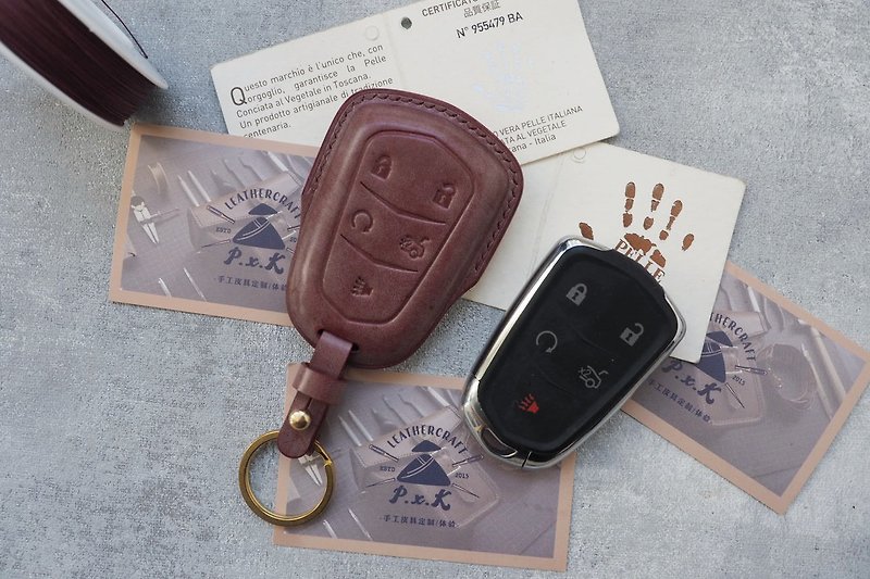 凱迪拉克Cadillac車鑰匙套 純手工牛皮 客製化刻字禮物 訂製顏色 - 鑰匙圈/鑰匙包 - 真皮 多色