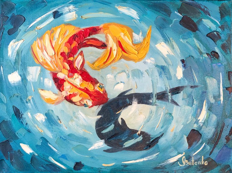 Goldfish Painting Aquarium Original Art Red Fish Oil Artwork Animal Wall Art - 海報/掛畫/掛布 - 其他材質 藍色