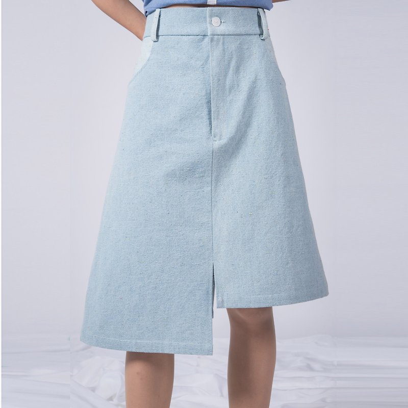 Light denim asymmetric denim skirt - กระโปรง - ผ้าฝ้าย/ผ้าลินิน สีน้ำเงิน