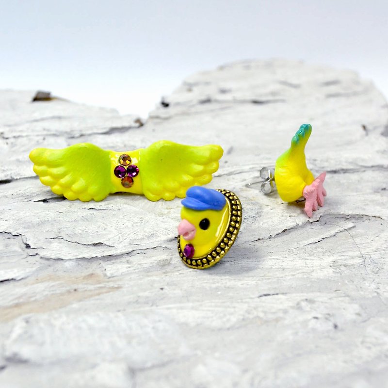 Split bird earrings set, bird head, bird wings, bird butt, 3-piece earrings, handmade customizable - ต่างหู - กระดาษ สีเหลือง