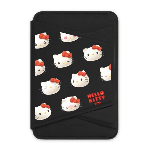LANI's 風格防摔手機殼 HelloKitty50週年-滿版黑色款 支架磁吸卡包 小牛皮感 手機支架