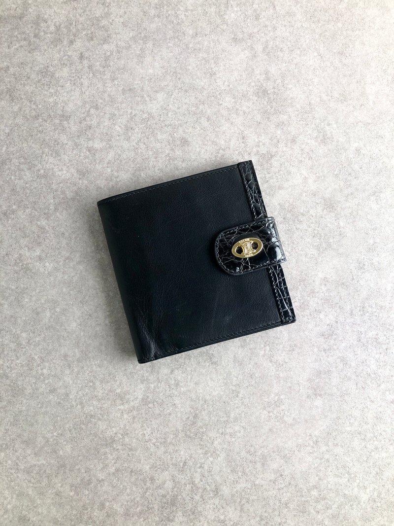 【 日本直送　名牌中古包 】CELINE セリーヌ 財布 ブラック ブラゾン レザー クロコ型押し 二つ折り財布 vintage ヴィンテージ ha2kjw - 錢包/皮夾/長短夾 - 真皮 黑色