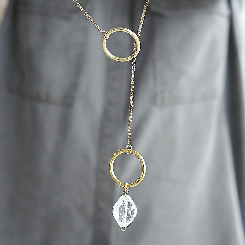 Double Hoop Necklace, Lariat Necklace, Long Beaded Lariat Necklace, Clear Beaded Necklace, Hoops with clear bead, Geometric Circle Necklace, Gold circle necklace - สร้อยคอ - โลหะ สีทอง