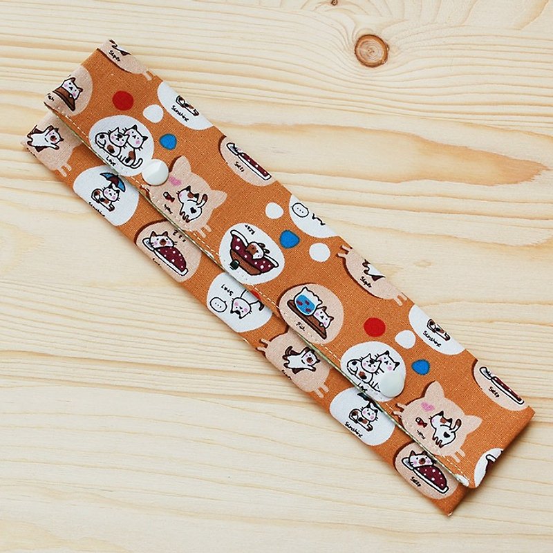 悠閒貓咪 橫式筷袋餐具組/三件組 - 筷子/筷架 - 棉．麻 橘色